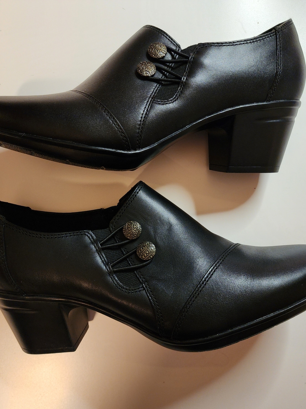 Clarks Black Leather Low Block Heel Slip-On Shoes